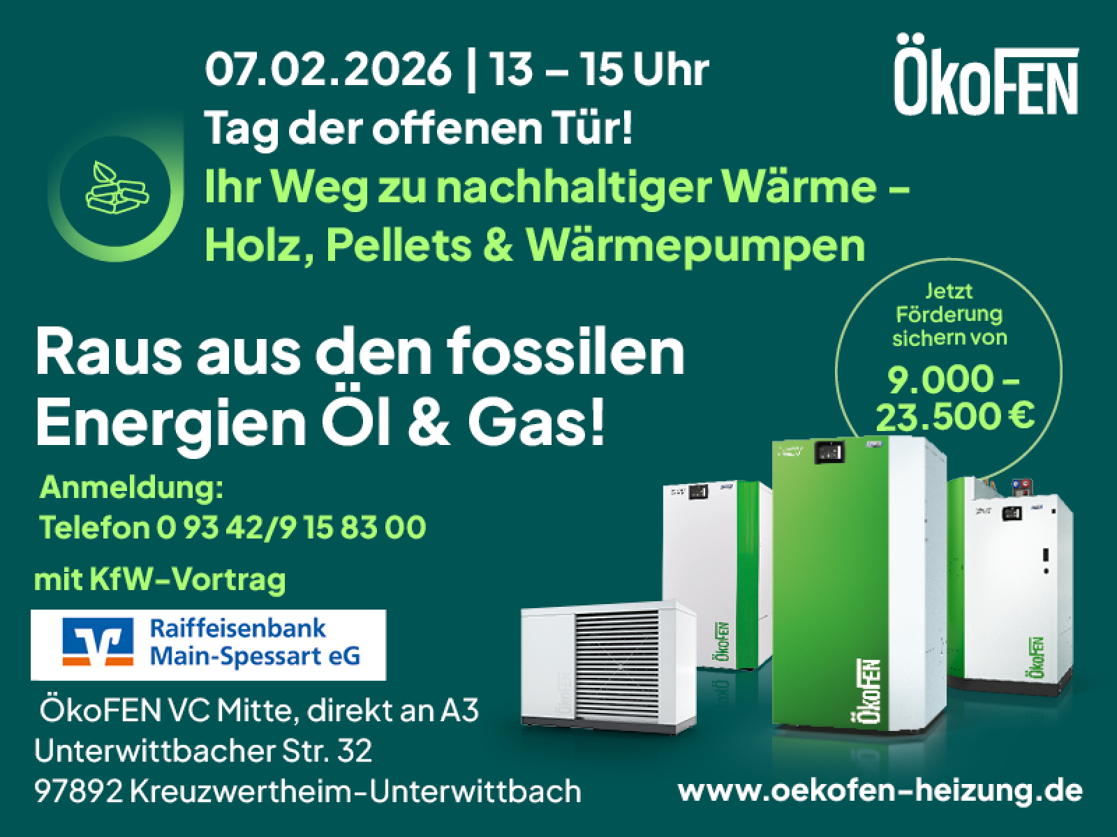 Einladung zu ÖkoFENs Tag der offenen Tür am 07.02.2026 mit Informationen über nachhaltige Heizungslösungen.