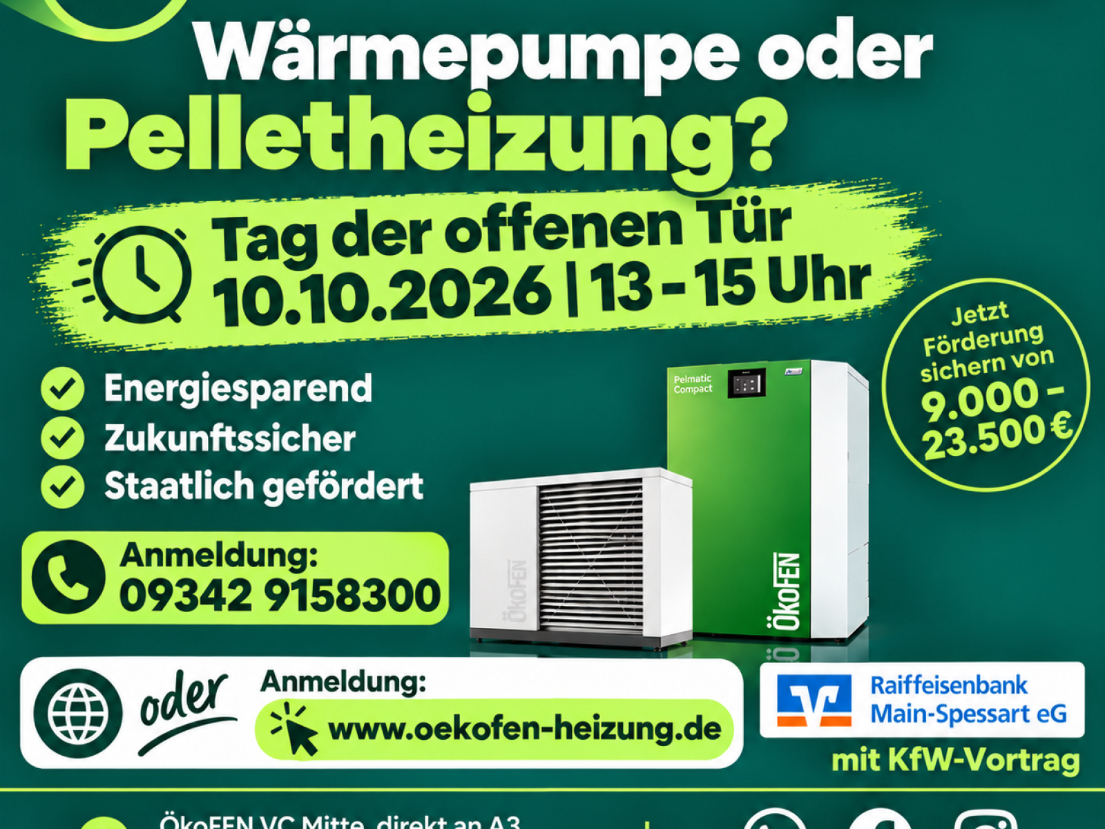 Anzeige von ÖkoFEN über Wärmepumpe oder Pelletheizung, Tag der offenen Tür am 10.10.2026.